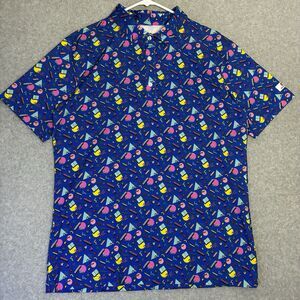 Breasy Polo Shirt Men’s Large 90s Retro Geometric Pattern Golf Casual Blue
